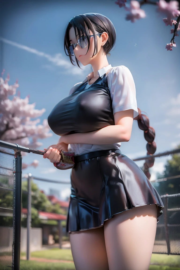 1girl, black skirt, branch, building, chain-link fence, cherry blossoms, fence, long hair, outdoors, petals, pleated skirt, rain, shirt, short sleeves, skirt, solo, standing, tree,
sky,street