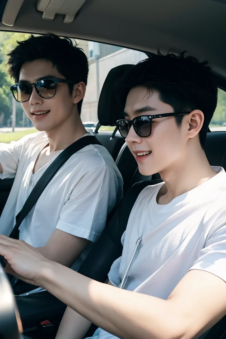 Two young Chinese men,Shirt sunglasses,Drive in the car,Talking and laughing