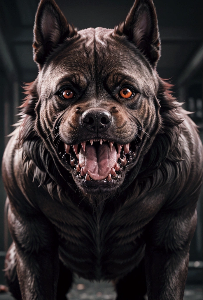 a scary dog with red eyes, jumping to attack, baring sharp teeth, vicious expression, snarling, dark fur, photorealistic, 4k, cinematic lighting, dramatic shadows, highly detailed, hyper realistic, gritty, visceral, intense, powerful, ferocious