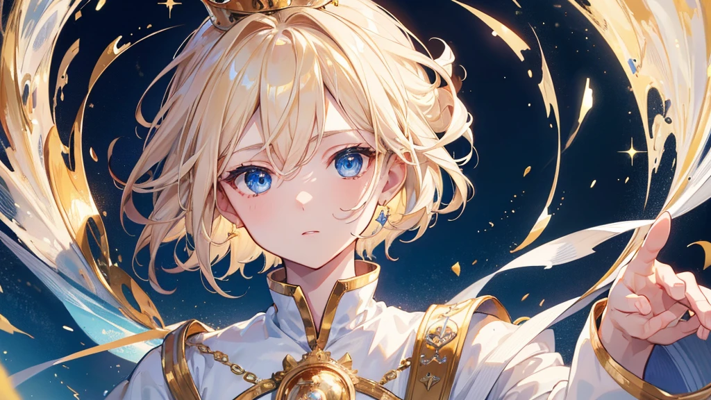 (Highest quality) (4K) (8k) (High resolution) (masterpiece:1.2) (Super detailed) One boy short hair Wizard Blue Eyes Long sleeve Golden decoration Hair between the eyes White Dress Wavy golden hair Upper Body (large crown) (White Background) front Face close-up Cast a spell