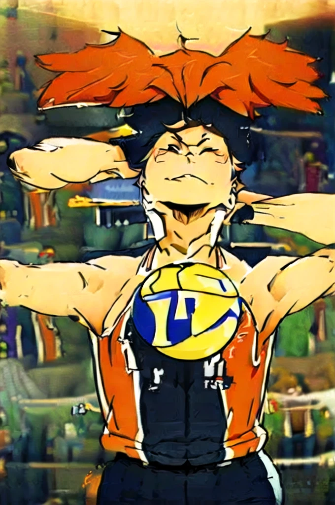 masterpiece, Best Quality, ultra detailed, animated style, volleyball boy, black and messy hair, with legend that says daler on his back, number 129 on his back, raising your arms, backwards, Looking up