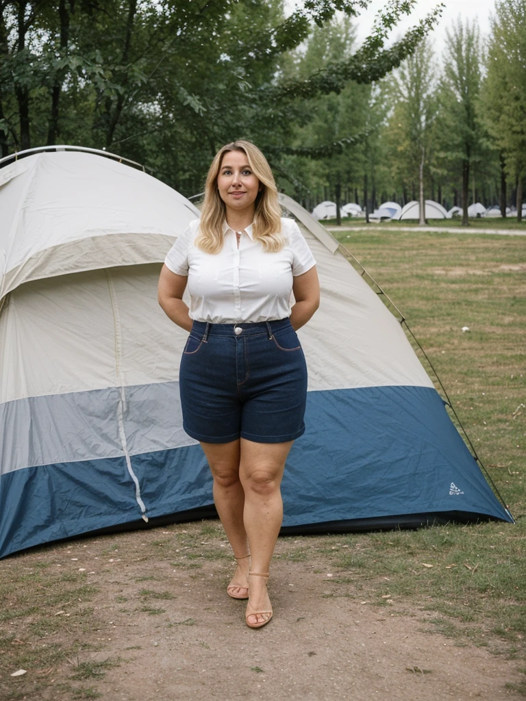 Xyrele, 1girl, solo, 30 years old, (((French face))), (((French nose))), (((French lips))), ((((chubby)))), (((wide hips))), (((blonde hair))), crinkly medium hair, wearing stylish navy modern wear, ((Background: Campground in Russia)), ((upper body and upper legs))