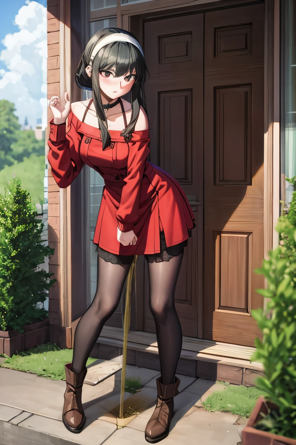 (masterpiece, best quality), high resolution, intricate details, extremely detailed, solo, 1girl, full body, (yor, black hair, short hair with long locks, bangs, sidelocks, white hairband, red eyes, red dress, short dress, off-shoulder minidress, long sleeve, pantyhose, , thighhigh, short boots, collarbone), detailed face, detailed eyes, (ashamed, blush), (spread legs apart, leaning forward:1.2), (peeing self:1.4), (pee puddle), outdoors,,