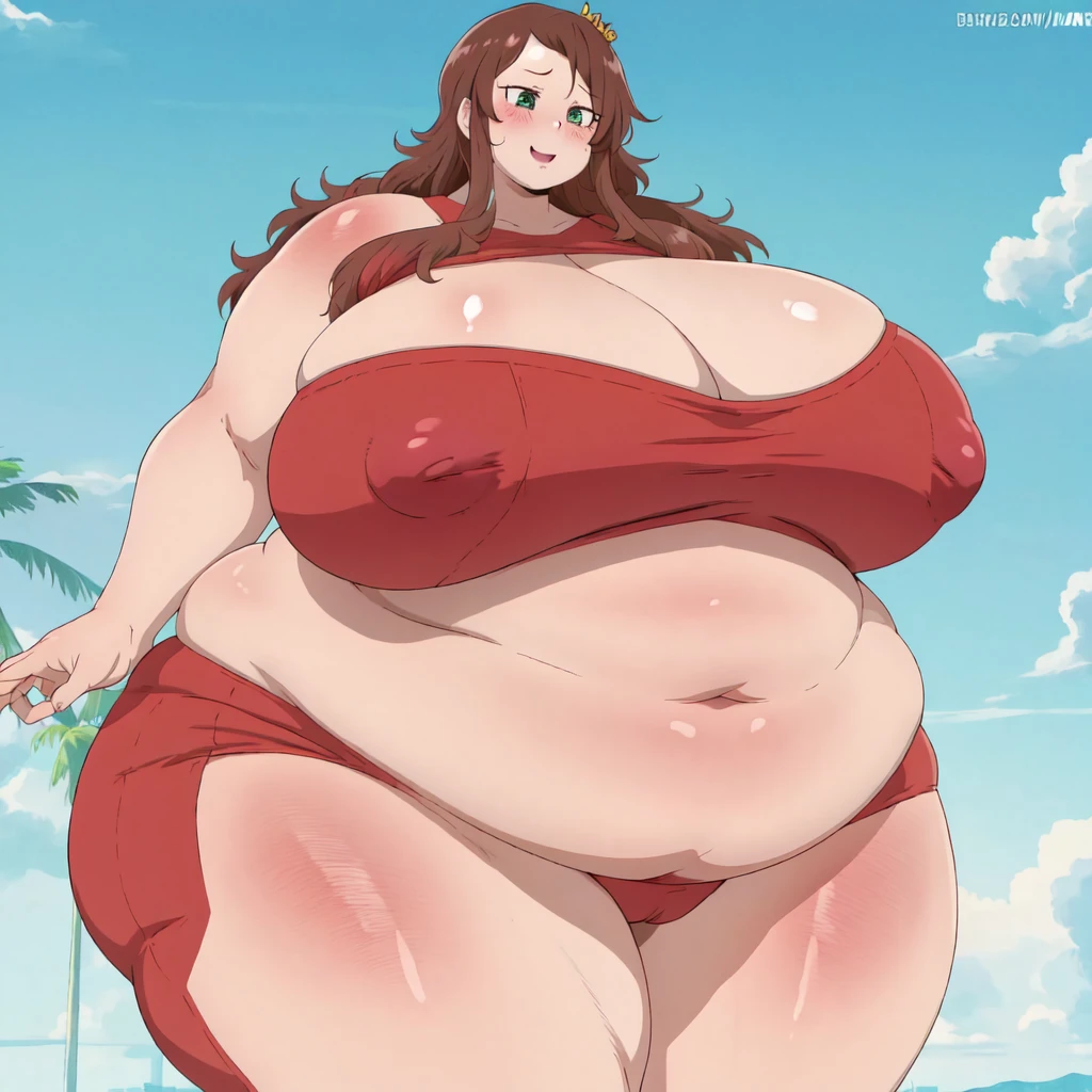 upper body, riko, 1girl, solo, t-shirt, brown hair, hair ornament, looking at viewer, green eyes, blush, :o, short hair, simple background, arms behind back, standing, smile, blush, solo, 1girl, SSBBW riko saikawa, big cheeks, ssbbw, severely obese, 600lbs obese female, no pupils, ultra detailed, masterpiece, best quality, aesthetic, detailed, Fluffy and Fat Face, Big Butt, Big Cheeks, Obese Body, Sexy, Obese Girl, Happy, Cute Expression, Very Hot, bbwchan, nsfw art, manhwa, oppai proportions, she has a jiggly fat round belly, body swelling about to explode, thicc, with a large breasts, doujin, very thick thighs, obese arms, obese belly, big cheeks, Slob body