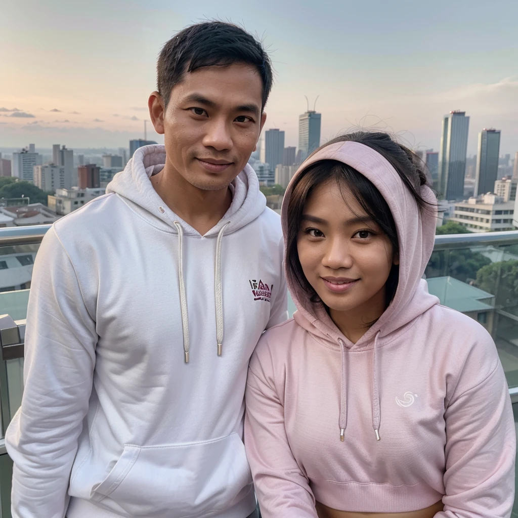 Medium shot of a 35 year old indonesian man, fit body, ideal body, oval face, white skin, nature skin, medium hair, wearing a hoodie , side by side with a 30 year old indonesian woman with, pink crop top, they smile facing the camera, eye to camera, eye level angle with City view in the background