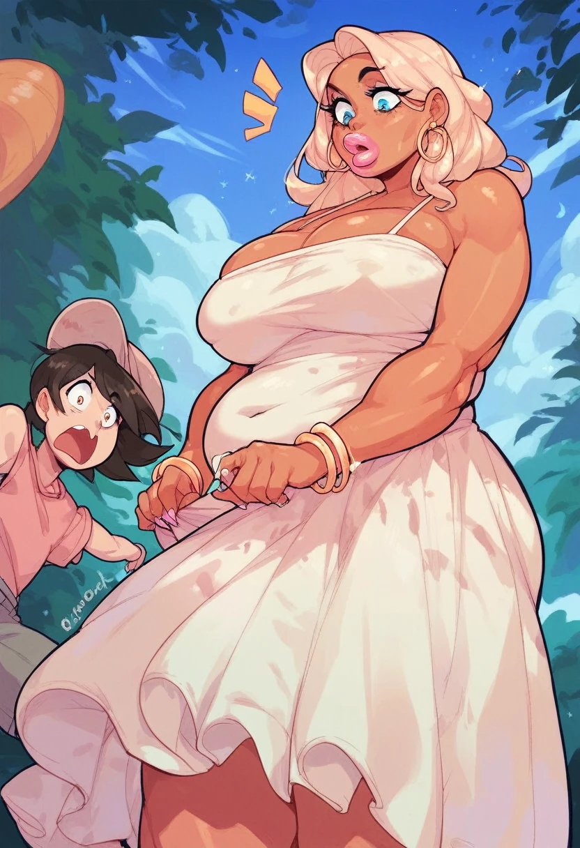 score_9, score_8_up, score_7_up, 1girl, cartoon, milf, chubby, dress, looking down, shocked, bimbo