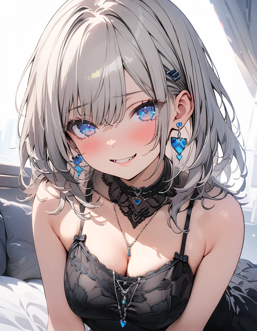 1girl、(((best quality)), ((masterpiece)), (details), masterpiece, best quality, high quality, ulutra detailed, perfect face, ((1girl, Blue eyes, cat ears: 1.3 silver bob hair: 2.5,))、Shiny Hair、Glowing Skin、Happy face、Lustful look、negligee、Sideleep in bed、night、Bedroom、