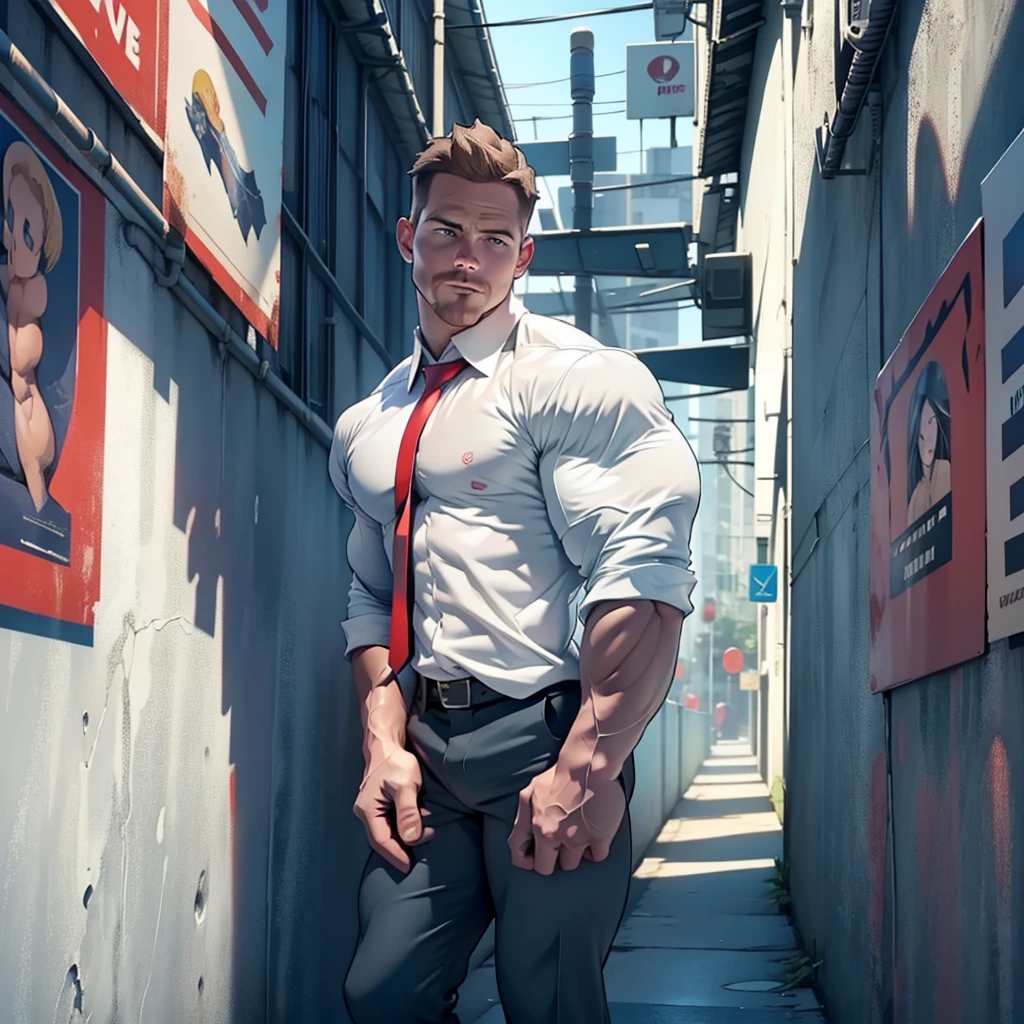 1 man, male focus solo, middle aged man,((( Stephen AMELL ))) as private investigator, lean muscle,very light blue shirt, marine blue businessman suit ,( red tie) ,( big bulge), full body shot, dark blond short hair, well groomed facial hair, holding a gun with one hand, , ultra high quality, masterpiece, (clear white painted brick wall with plenty of posters ( about 50 posters ) in the blackground)