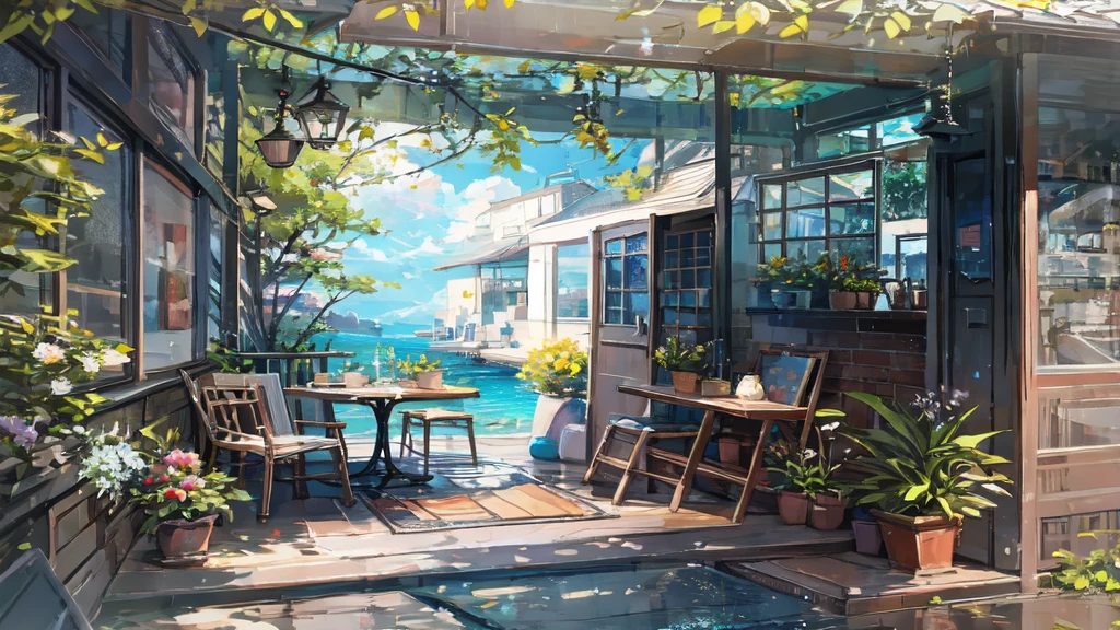 Here is a photo of a patio with tables and chairs, Cozy cafe background, Highly detailed digital painting, Highly detailed digital painting, Highly detailed scenes, Relaxing concept art, Highly detailed illustration.」, Beautiful digital art, Beautiful artwork illustration, Highly detailed digital painting, Anime Background Art, Highly detailed illustration, Highly detailed digital artwork, Drawn by Anime Painter Studio, Summer cheerfulness