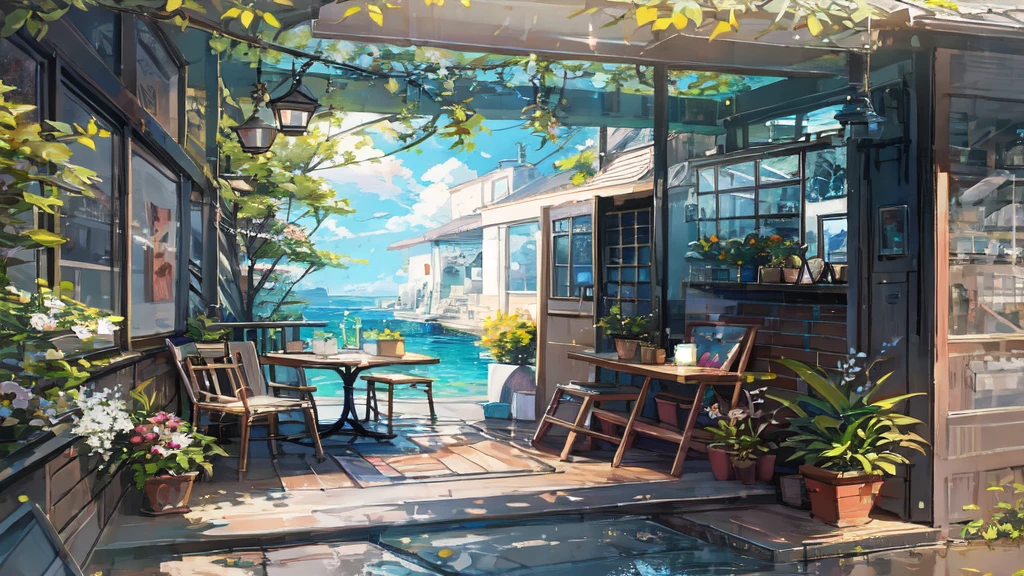 Here is a photo of a patio with tables and chairs, Cozy cafe background, Highly detailed digital painting, Highly detailed digital painting, Highly detailed scenes, Relaxing concept art, Highly detailed illustration.」, Beautiful digital art, Beautiful artwork illustration, Highly detailed digital painting, Anime Background Art, Highly detailed illustration, Highly detailed digital artwork, Drawn by Anime Painter Studio, Summer cheerfulness
