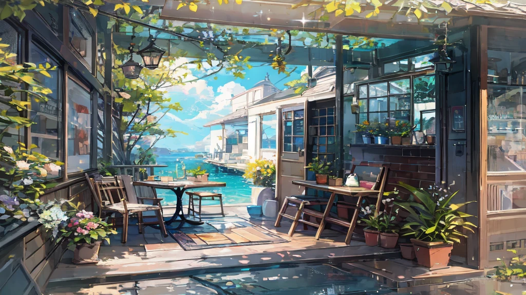 Here is a photo of a patio with tables and chairs, Cozy cafe background, Highly detailed digital painting, Highly detailed digital painting, Highly detailed scenes, Relaxing concept art, Highly detailed illustration.」, Beautiful digital art, Beautiful artwork illustration, Highly detailed digital painting, Anime Background Art, Highly detailed illustration, Highly detailed digital artwork, Drawn by Anime Painter Studio, Summer cheerfulness