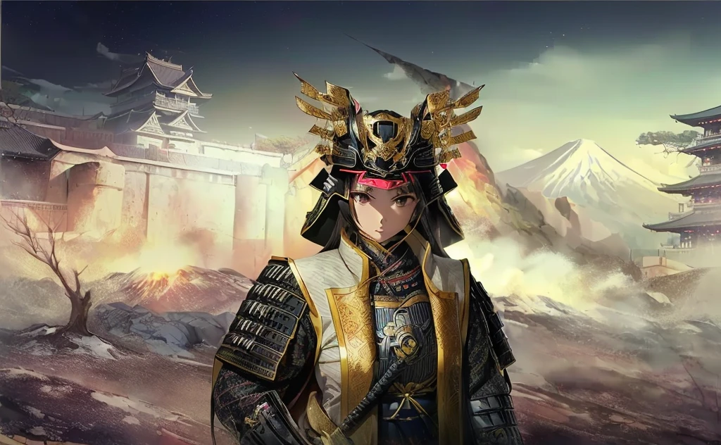 Female, (girls:1.5), (exceptional, best aesthetic, new, newest, best quality, anime, waifu:1.2), best quality, ultra detailed, absurdres, highres, colored, good anatomy, black hair, pretty face, Japanese Samurai armor, Samurai helmet, laurel leaves on helmet, swords, cape, Japanese castle, tree, snow mountain, fire,