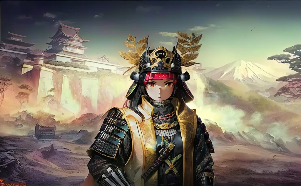 Female, (girls:1.5), (exceptional, best aesthetic, new, newest, best quality, anime, waifu:1.2), best quality, ultra detailed, absurdres, highres, colored, good anatomy, black hair, pretty face, Japanese Samurai armor, Samurai helmet, laurel leaves on helmet, swords, cape, Japanese castle, tree, snow mountain, fire,