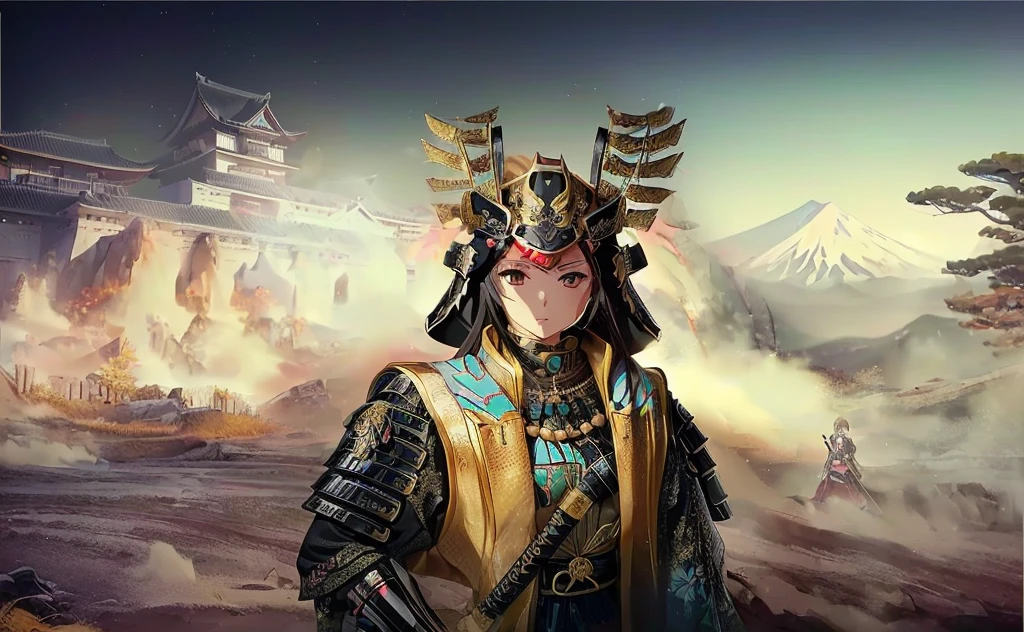 Female, (girls:1.5), (exceptional, best aesthetic, new, newest, best quality, anime, waifu:1.2), best quality, ultra detailed, absurdres, highres, colored, good anatomy, black hair, pretty face, Japanese Samurai armor, Samurai helmet, laurel leaves on helmet, swords, cape, Japanese castle, tree, snow mountain, fire,