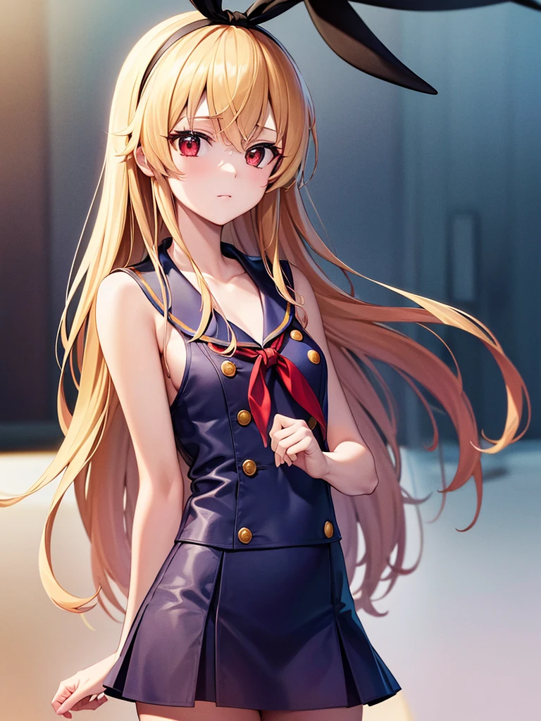 (masterpiece, best quality, highly detailed, ultra detailed, high resolution, absurdres, 4K, 8K:1.2), 
BREAK,shimakaze uniform:1.5, 10 years GIRL,Blonde_HAIR,RED eyes,(RED Ribbon on HAIRband:1.2)