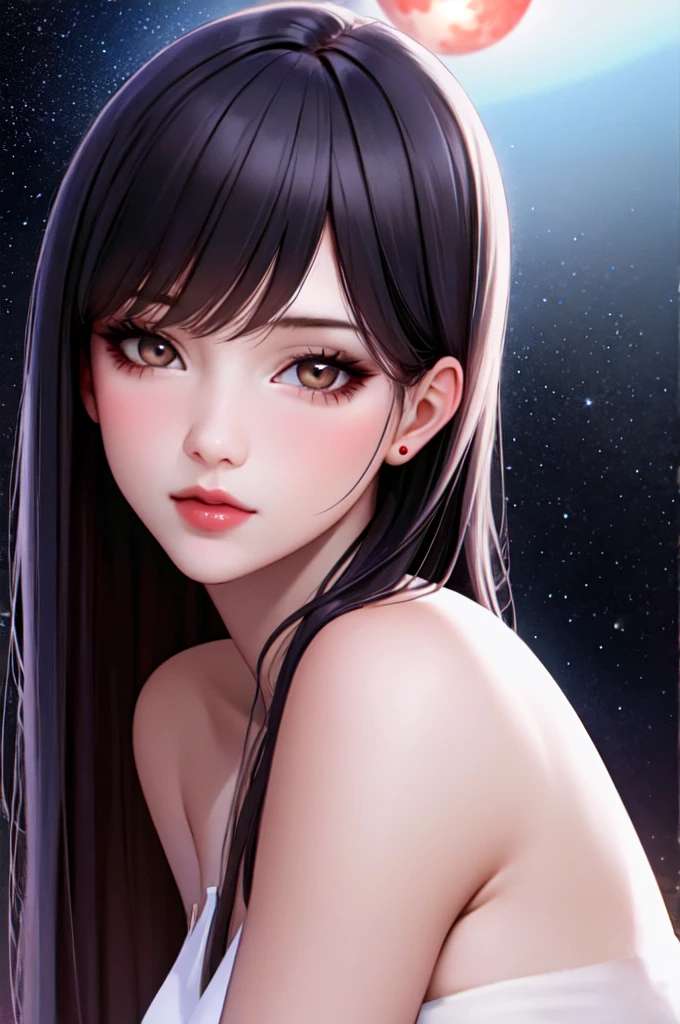 1 girl, beautiful face, ((white eyes)), pose sexy, red moon in the background, stars, space, (light room:1.13), luz outfit, (Natural skin texture:1.2), (hyperrealism:1.2), sharp focus, in focus,[[realist]]