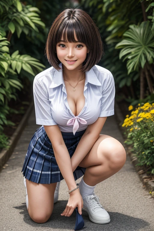 (best quality, 8k, photorealistic:1.5),(beautiful Japanese girl),((one woman)),(solo female:1.1),(one person photo:1.3),(front photo),(shiny skin),(light brown hair color),(Bend legs and open thighs),(squat down),(baby face:1.5),(big beady eyes:1.5),(droopy eyes),(impressive eyes:1.5),(cute girl),(sex appeal),(Mini thong:1.3),(Mons pubis),(raise both arms behind head:1.4),(lean back),(concrete wall),(stretch back),(open legs firmly),(healthy body),(ager:1.2),(school uniform costume play:1.3),(Show off crotch),(1 person photo:1.5),(embarrassing:1.5),(pinup model photography:1.5),(pinup girl photography),(smile)