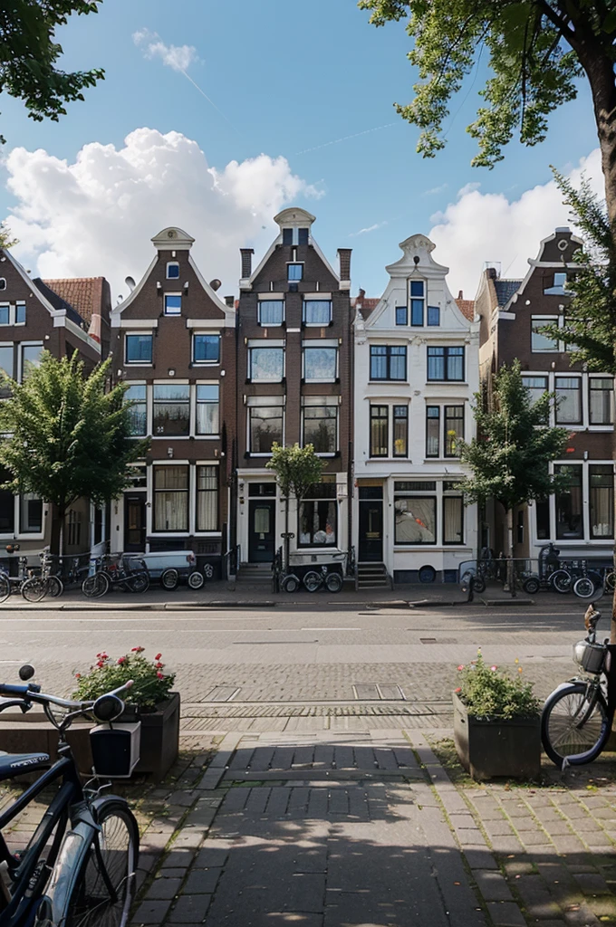 illustration of Amsterdam as seen from street level. Camera View should be in the middle of the city from a sidewalk.