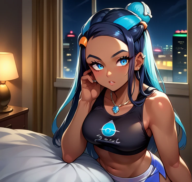score_9, score_8_up,score_7_up, source_anime, 1girl, solo, EPpkNessa, blue eyes, black hair, blue hair, streaked hair, single hair bun, dark skin, dark-skinned female, necklace, ear piercing, black sports bra,shorts,bedroom, at a dark room, at night , city view from the window, gyaru,