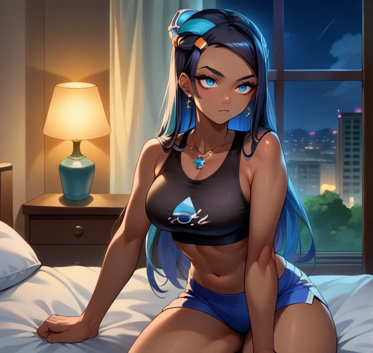 score_9, score_8_up,score_7_up, source_anime, 1girl, solo, EPpkNessa, blue eyes, black hair, blue hair, streaked hair, single hair bun, dark skin, dark-skinned female, necklace, ear piercing, black sports bra,shorts,bedroom, at a dark room, at night , city view from the window, gyaru,