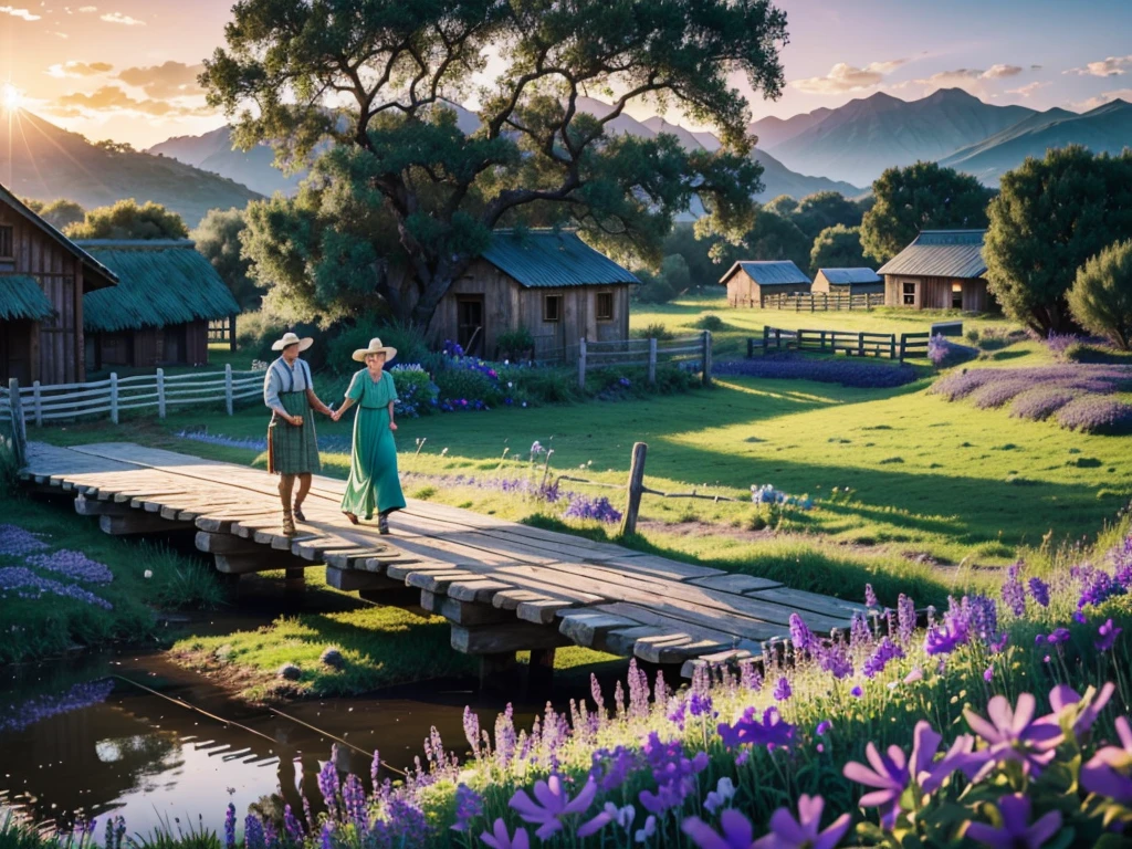 In a ranch with a hut decorated with pots, wide field full of green grass and sheep eating, an 80 year old woman with a tender smile, loose dress, He holds a milk jug and at his side violet flowers, walk across a wooden bridge, in a sunrise environment in the countryside