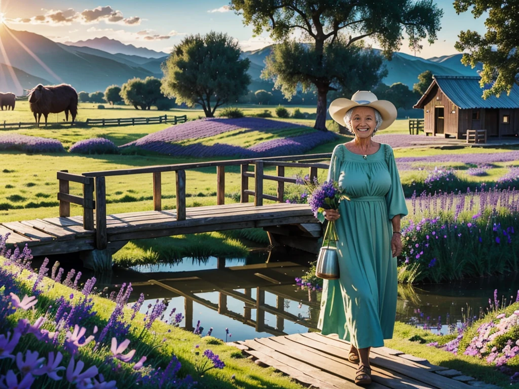 In a ranch with a hut decorated with pots, wide field full of green grass and sheep eating, an 80 year old woman with a tender smile, loose dress, He holds a milk jug and at his side violet flowers, walk across a wooden bridge, in a sunrise environment in the countryside