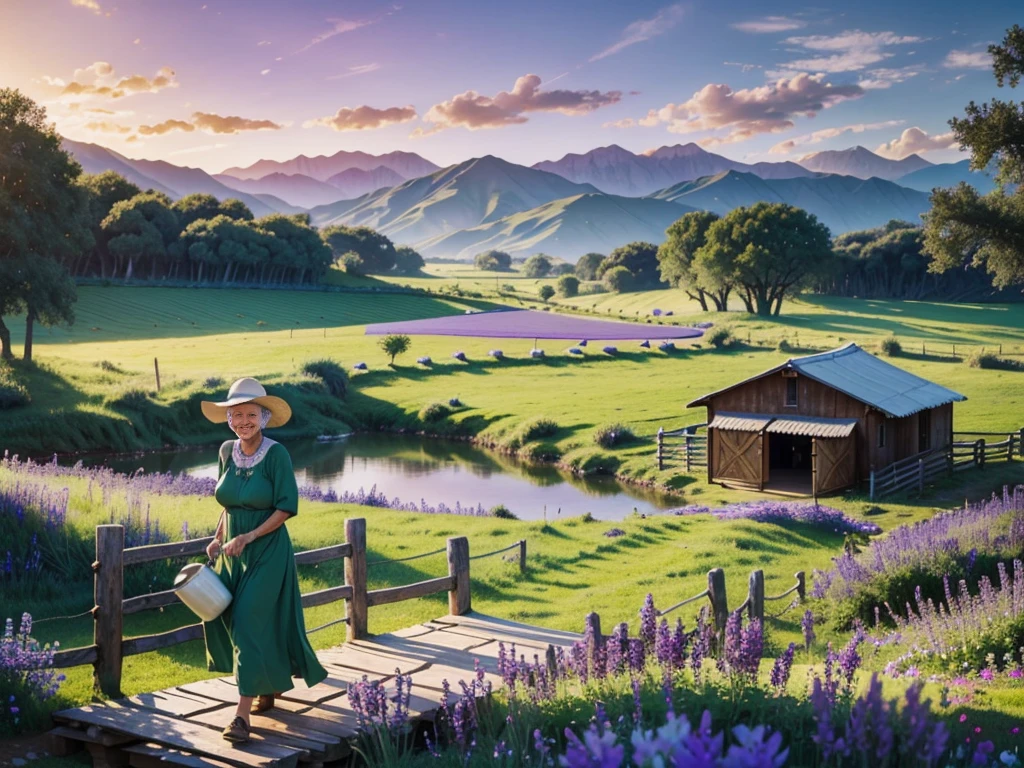 In a ranch with a hut decorated with pots, wide field full of green grass and sheep eating, an 80 year old woman with a tender smile, loose dress, He holds a milk jug and at his side violet flowers, walk across a wooden bridge, in a sunrise environment in the countryside