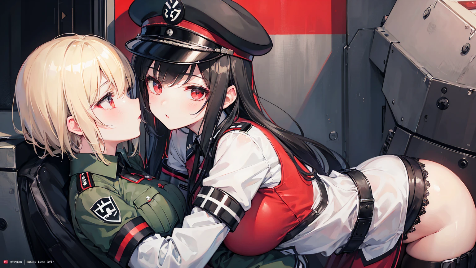 Gestapo uniform, female Nazi lesbian kawaii sisters kissing passionately next to T-54 German tank, wearing Luftwaffe uniforms. 8k. masterpiece. best quality. best artwork. lingerie. insignia red armband