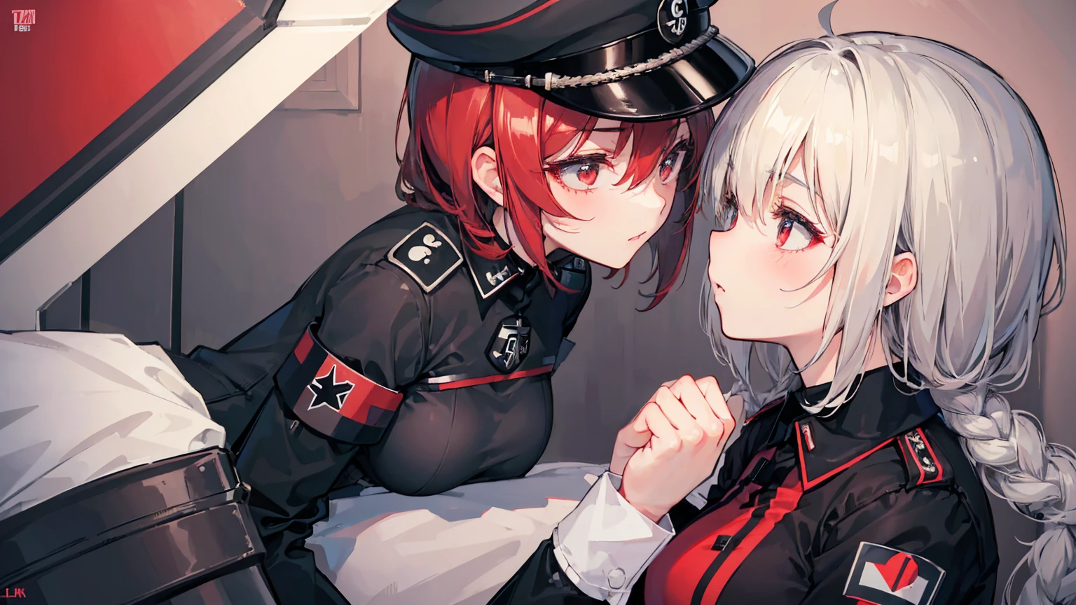 Gestapo uniform, female Nazi lesbian kawaii sisters kissing passionately next to German tank, wearing  Luftwaffe uniforms. 8k. masterpiece. best quality. best artwork. lingerie.  insignia red armband