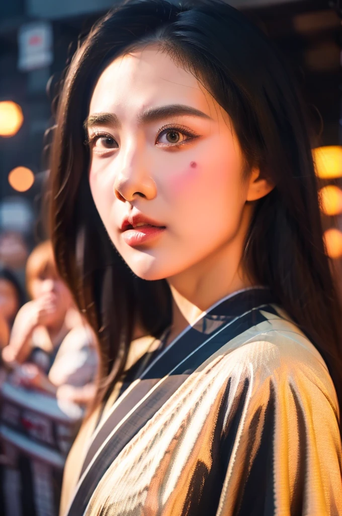 Surrealism, High detail, Cinema Lighting, Ray Tracing, viewing angle, Eye-level shot, Hyper HD, masterpiece, Textured skin, 4K, Highest quality, Beautiful woman in kimono, great joy, Background of the Danjiri Festival in Kishiwada, Osaka Prefecture, Japan, A glamorous atmosphere,　