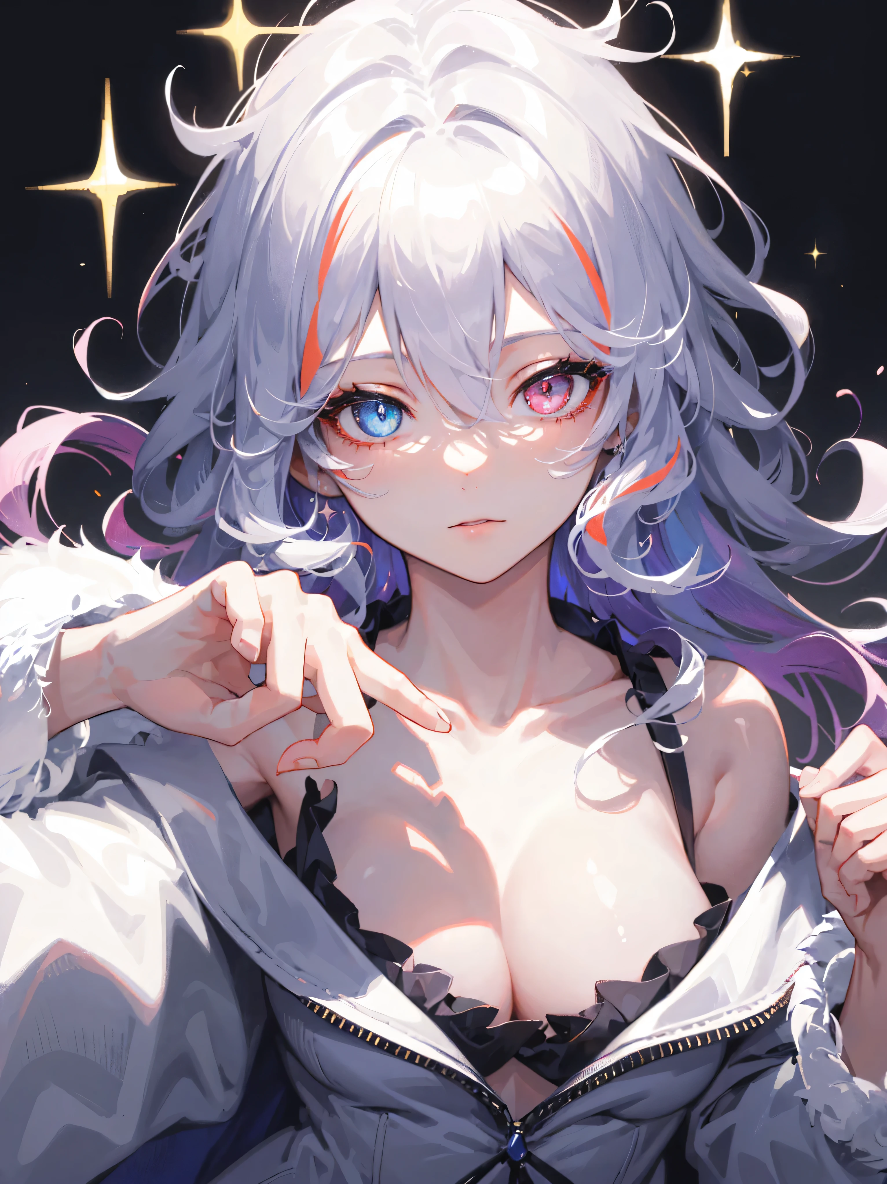 a cute age girl, about 160cm tall, perfect breasts, round breasts, white jacket, fur jacket, wearing jacket, open jacket, off shoulder, bare shoulder, perfect shoulder, detailed collarbone, perfect collarbone, bare neck, detailed iris, sparkle eyes, star in eyes, enchanting purple eyes, (multicolored eyes), (shining dust), (multicolored eyes), (heterochromia), (messy hair:1.3), (hair between eyes), (hair over one eye), (wavy hair:1.1), masterpiece, best quality, ultra quality, high quality, highres, ultla highres, absurdres, 4K, 8K, 16k, hyper detailed, intricate detailed, amazing shading, high contrast, realistic, photo realistic, RAW photo, photography, super fine illustration, foreshortening, perfect anatomy, correct anatomy, perfect proportion, perfect face, perfect hands, perfect legs, perfect fingers