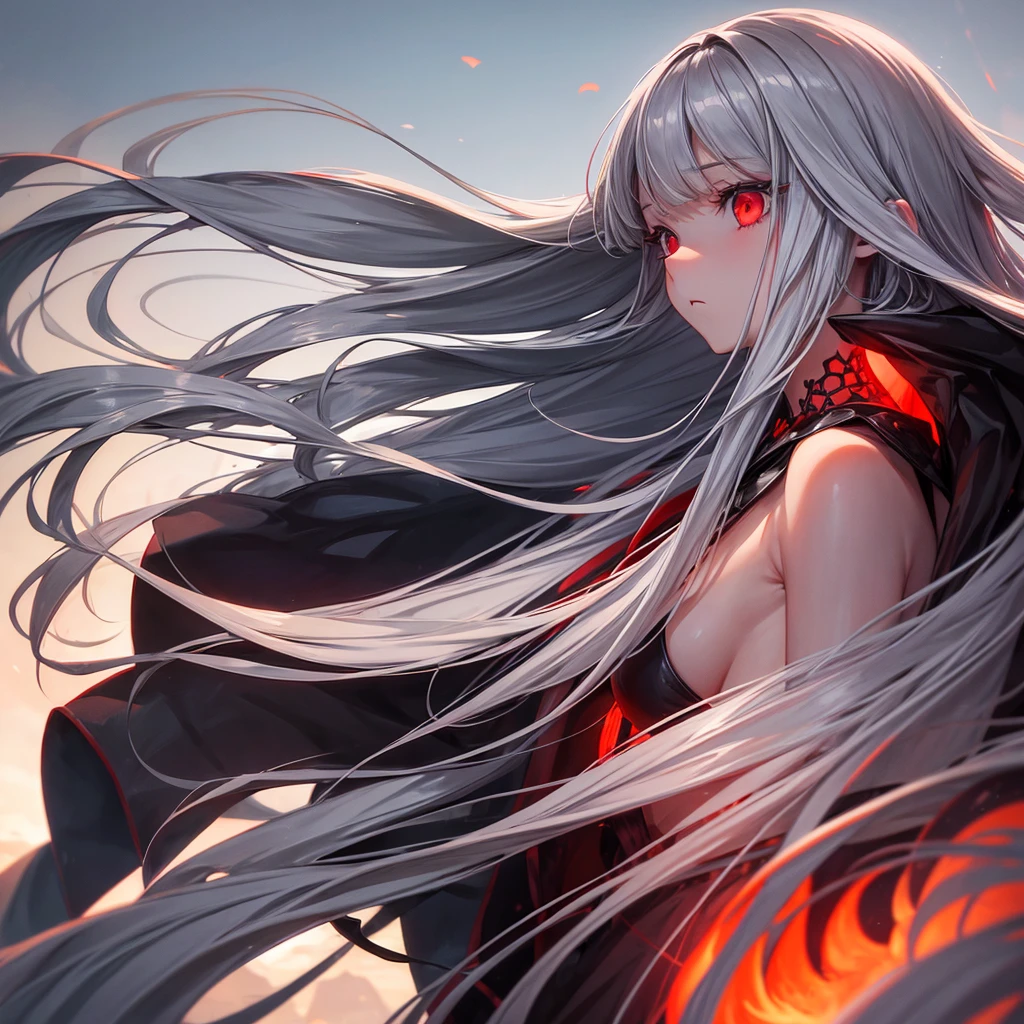 One girl, Long Hair, High resolution, Gaze, Food, Gray Hair, Simple Background, far and near method, Illustration, Hair blowing in the wind, Deco bangs, Red eyes, Sad, mysterious, Diagonally from the side,beautiful