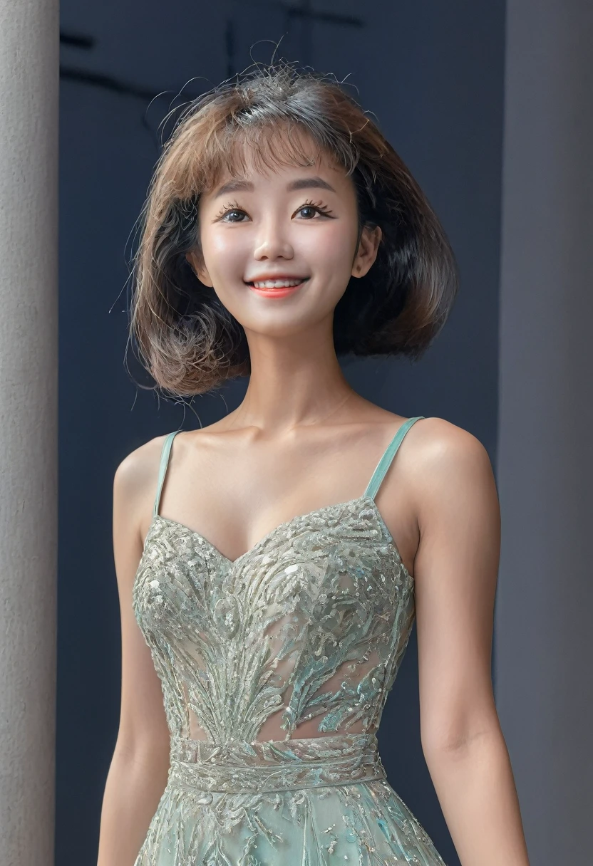 Expression: smile: sit down and pose like a model with crotch wide open: dress in a sexy swimming costume (colour and type random). Make-up type also random: hairstyles and hair colour also random Shooting location: fashion show.