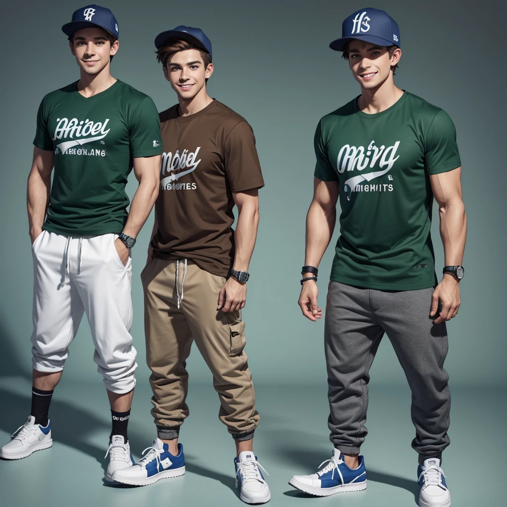 European and American cartoons, game characters, original designs, 1boy, male focus, hat, shirt, brown hair, smile, shoes, full body, wristband, open mouth, green shirt, pants, looking at viewer, standing, blue eyes, gradient background, grey background, , sneakers, gradient, t-shirt, male , baseball cap, short sleeves, simple background, fat, teeth, realistic,