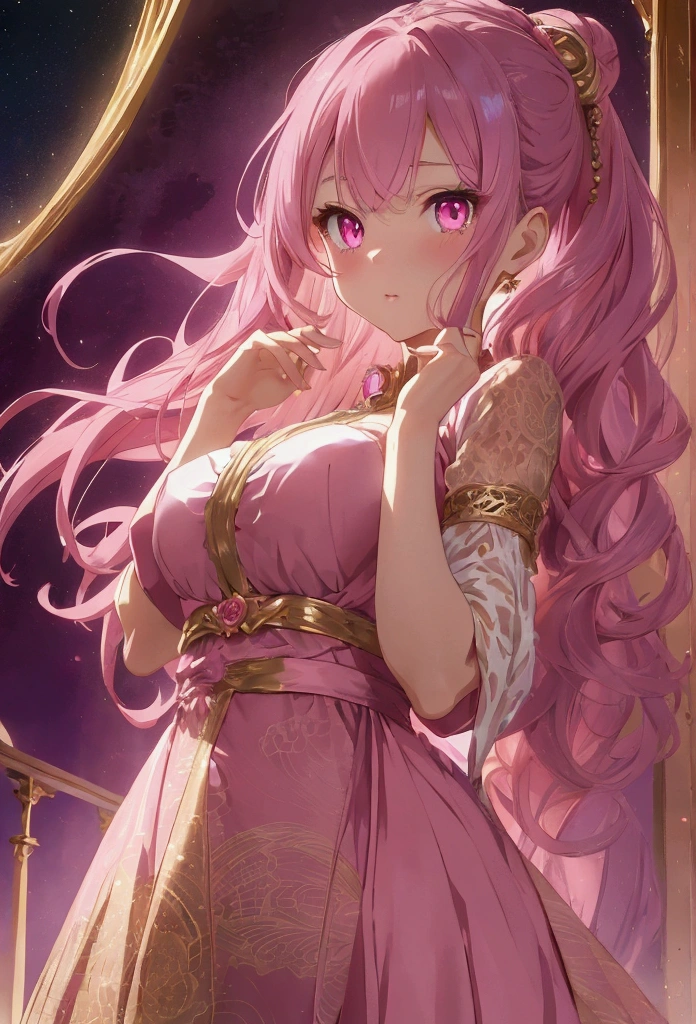 Create an anime-style girl with deep magenta eyes and long, wavy pink hair styled in an elegant updo. She is slender with small breasts. She wears a regal, ethereal dress with elegant and fantasy elements, featuring a gold, pastel pink, and rose gold color scheme. The dress has intricate spider web patterns and motifs.
