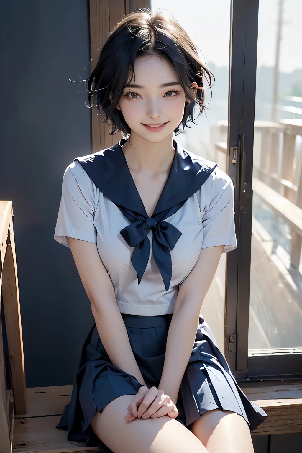 (((Clothing:2.0, Sailor Uniform:2.0, mini skirt:1.8, See-through:1.3))), (Wet:1.2), ((Modern city:1.8)), ((A grin:1.3, Short Hair:1.2, slender:1.5, Small Ass:1.5)), ((1 Girl, 18-year-old, 7 heads, Ideal body proportions, Black Hair, With bangs, Small breasts, Erect nipples, slender, Small Ass, Beautiful feet, Skinny Legs)), Surrealism, Cinematic Lighting, Depth of written boundary, First Person View, F/1.8, 135mm, Ticker, Mastepiece, Curate, ((Anatomically correct:1.3)), Textured skin, Super Detail, High detail, High quality, Awards, Best Quality, High resolution, 8K