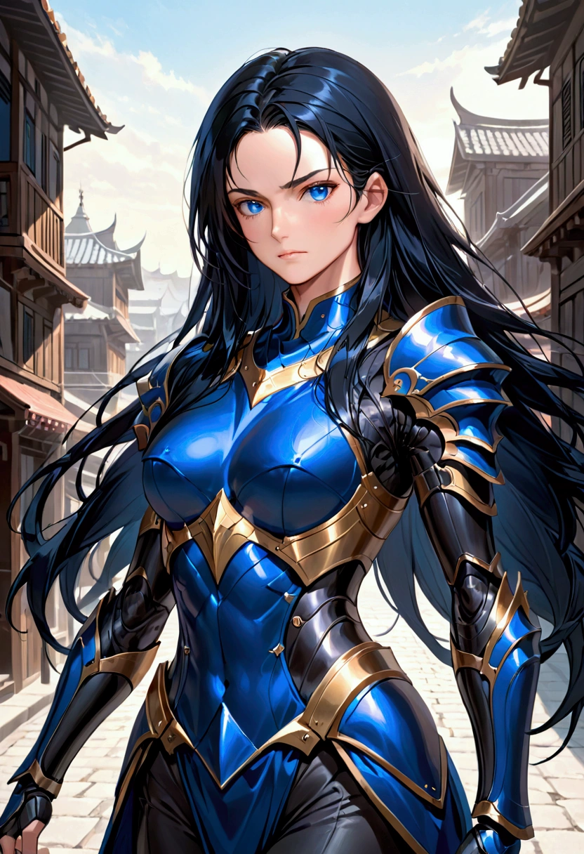 long black hair, dark blue eyes, tall athletic body,mature face,armor