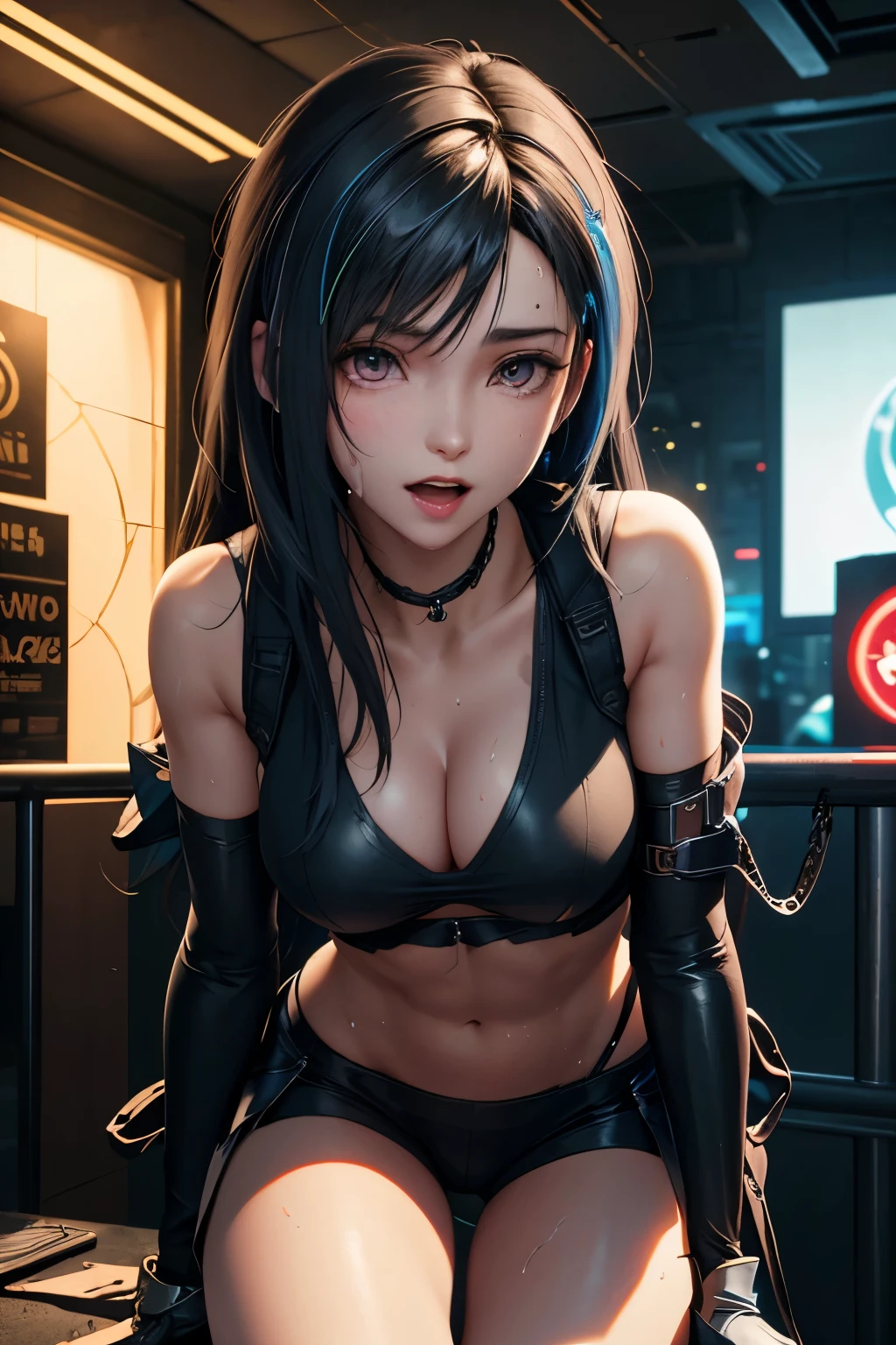 Best quality, highest resolution, detailed depiction, delicate depiction, colorful lighting, fashion model female body type, rainbow hair, cyberpunk edge liner, cyberpunk city, radio city, global illumination, motion blur, anti-aliasing, photorealistic, ray tracing, Shinjuku cityscape, detailed background, sweaty, sweat splashes, breast bump, translucent white skin, bob cut, skinny, bondage, fishnet stockings, gorgeous accessories, beautiful thighs, chains, delicately drawn face, beautiful face, thin and thin eyebrows, round chin, see-through costume, big mouth, ahegao, strong gloss, skin-transparent jacket, faithful depiction, rainbow costume, slender abs, rainbow eyes, best quality, masterpiece, ultra A high resolution, photorealistic, best quality, 8K, perfect body beauty, beautiful woman with slender abs,
