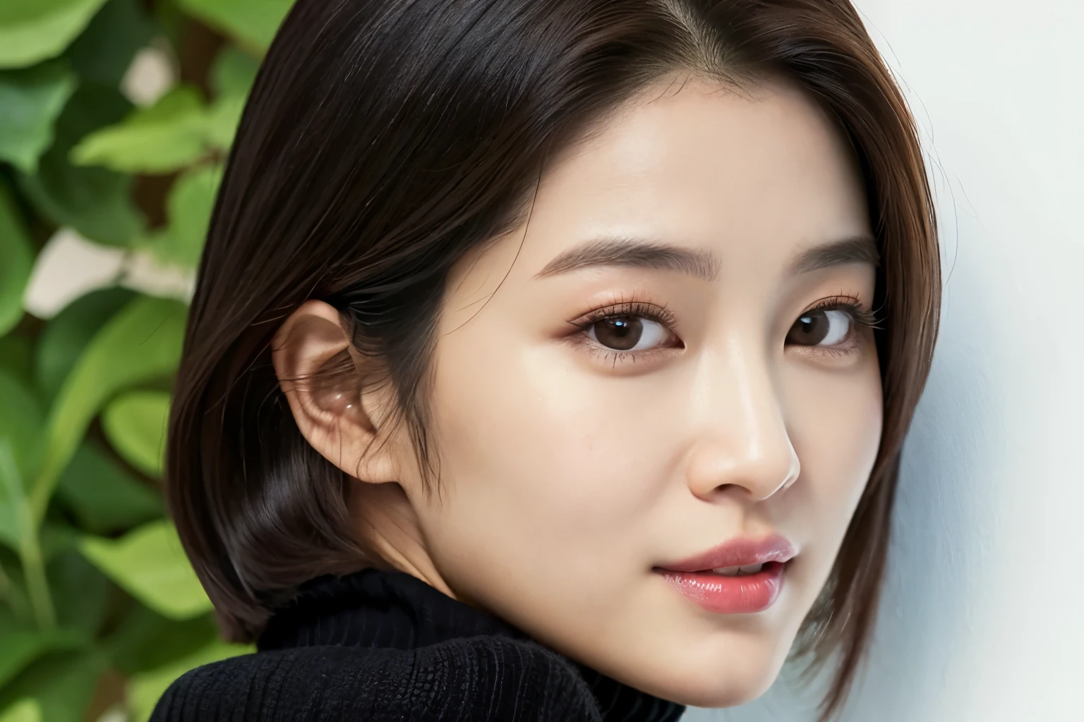 a close up of a woman with a black sweater and a white wall, lee ji-eun, lee ji - eun, heonhwa choe, with short hair, kwak ji young, park ji-min, jaeyeon nam, shin min jeong, sangsoo jeong, kim hyun joo, female actress from korea, taejune kim, hwang se - on