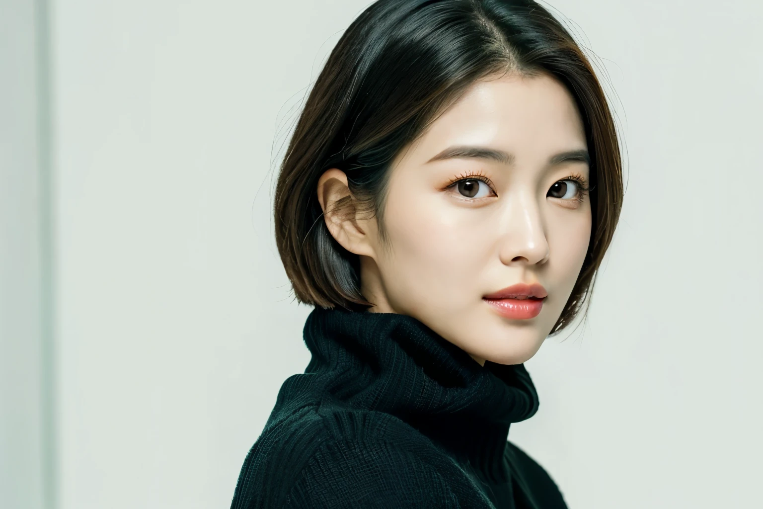a close up of a woman with a black sweater and a white wall, lee ji-eun, lee ji - eun, heonhwa choe, with short hair, kwak ji young, park ji-min, jaeyeon nam, shin min jeong, sangsoo jeong, kim hyun joo, female actress from korea, taejune kim, hwang se - on