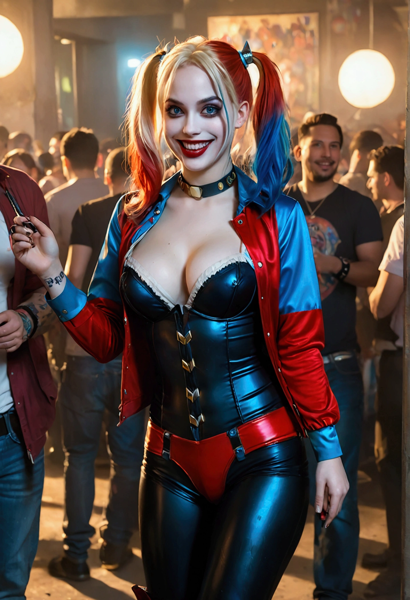 ultra realistic, photography, long red hair, girl, 24 years old, hourglass figure, perfect body, Flirty look, extremely detailed artgerm, in the style artgerm, small breasts, facing the camera, lens 35 mm, blur background, red and blue Harley Quinn costume (of the 2016 suicide squad movie), crowded costume party in the background, laughing, full body picture, full body, black sheer tights