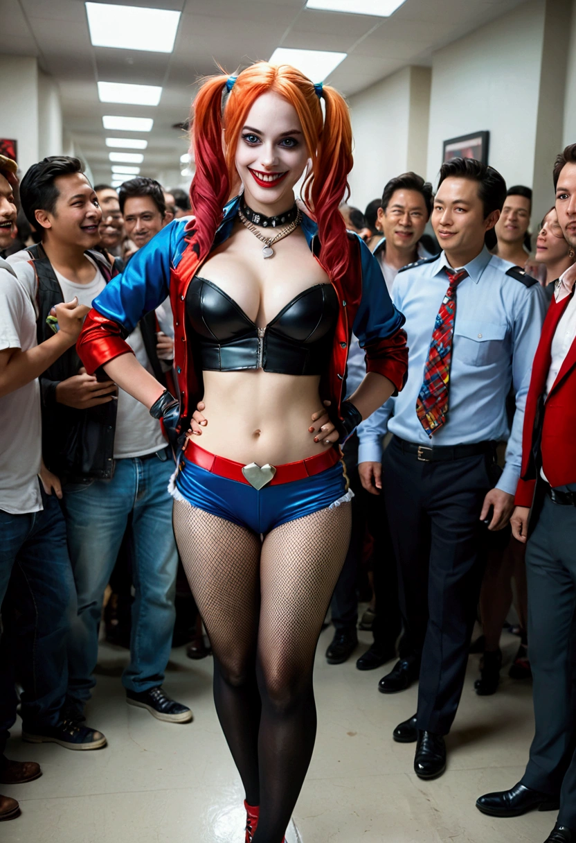 ultra realistic, photography, long red hair, girl, 24 years old, hourglass figure, perfect body, Flirty look, extremely detailed artgerm, in the style artgerm, small breasts, facing the camera, lens 35 mm, blur background, red and blue Harley Quinn costume (of the 2016 suicide squad movie), crowded costume party in the background, laughing, full body picture, full body, black sheer tights
