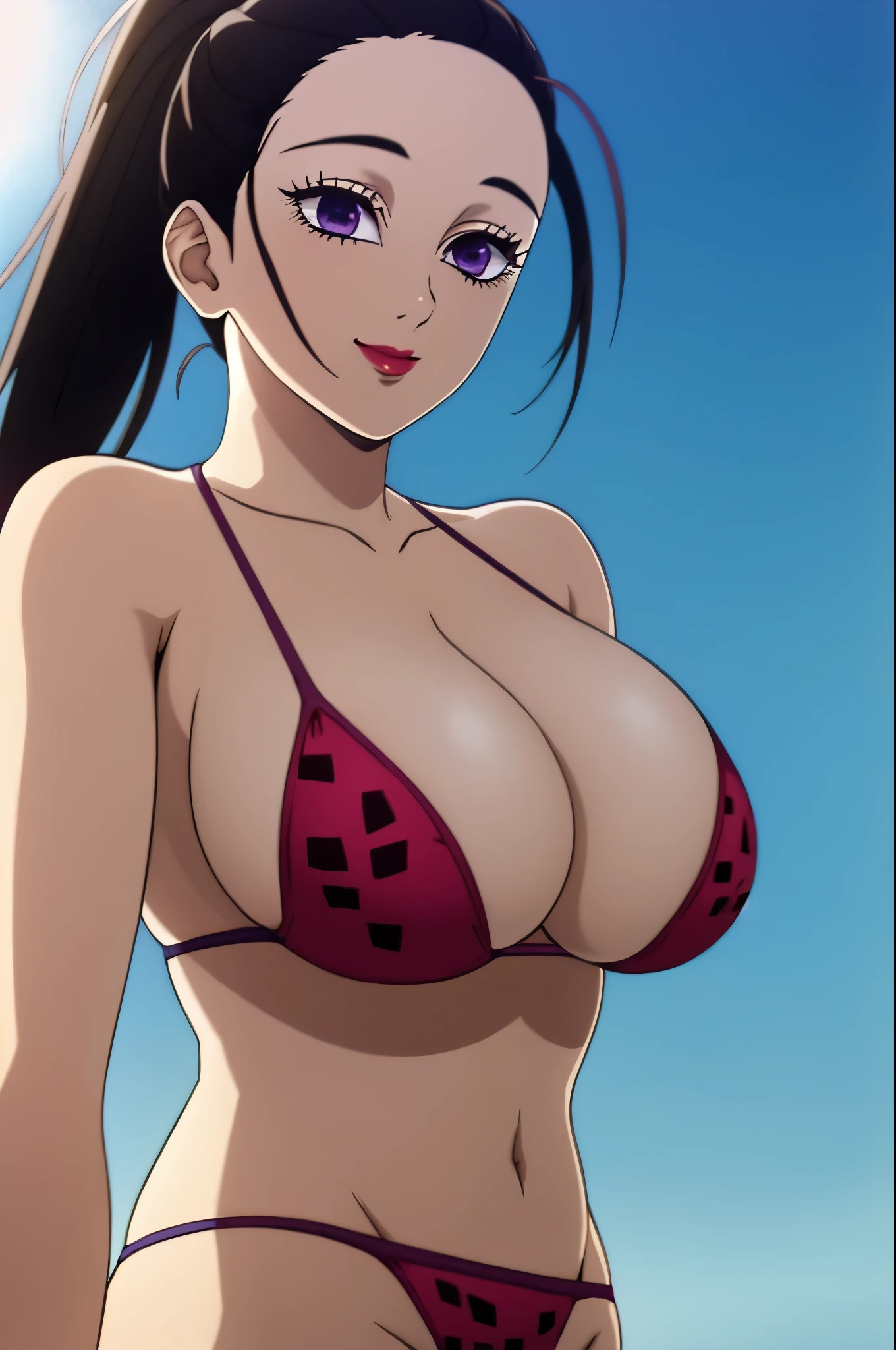 (masterpiece, best quality, extremely detailed CG, beautiful detailed eyes, ultra-detailed, intricate details:1.2), 8k wallpaper, elaborate features, glistening shiny, glowing light, ray tracing, HDR, deph of field, (perfect face), HD, perfect lighting, ((beautiful detailed eyelashes)),
HinatsuruKNY, black hair, ponytail, purple eyes, sleveeless, bare shoulders, open forehead, lipstick, hair pulled back, cleavage, long hair, 1girl, solo, breasts, looking_at_viewer, smile, large_breasts, cleavage, bare_shoulders, collarbone, standing, hands behind head, thick thighs, thong underwear, from_below, breasts, large breasts, big breasts, huge breasts, big tits, giant breasts, small bikini, bikini, red bikini, bare shoulders, bare arms, beach, ocean, underboob, island background