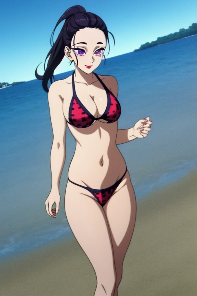 (masterpiece, best quality, extremely detailed CG, beautiful detailed eyes, ultra-detailed, intricate details:1.2), 8k wallpaper, elaborate features, glistening shiny, glowing light, ray tracing, HDR, deph of field, (perfect face), HD, perfect lighting, ((beautiful detailed eyelashes)), 
HinatsuruKNY, black hair, ponytail, purple eyes, sleveeless, bare shoulders, open forehead, lipstick, hair pulled back, cleavage, long hair, 1girl, solo, breasts, looking_at_viewer, smile, large_breasts, cleavage, bare_shoulders, collarbone, standing, hands behind head, thick thighs, thong underwear, from_below, breasts, large breasts, big breasts, huge breasts, big tits, giant breasts, small bikini, bikini, red bikini, bare shoulders, bare arms, beach, ocean, underboob, island background
