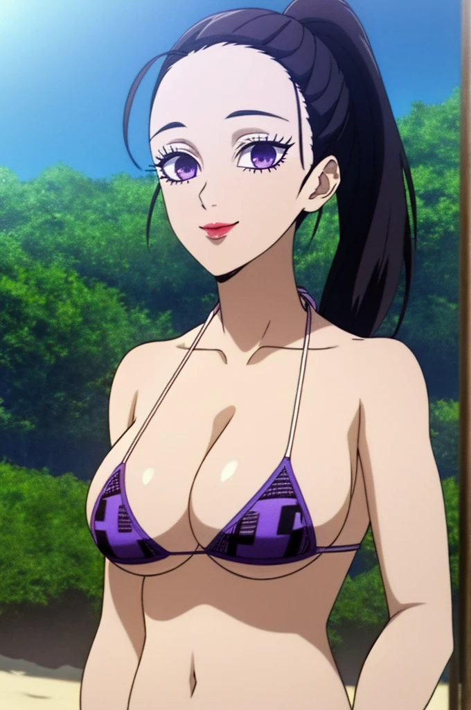 (masterpiece, best quality, extremely detailed CG, beautiful detailed eyes, ultra-detailed, intricate details:1.2), 8k wallpaper, elaborate features, glistening shiny, glowing light, ray tracing, HDR, deph of field, (perfect face), HD, perfect lighting, ((beautiful detailed eyelashes)), 
HinatsuruKNY, black hair, ponytail, purple eyes, sleveeless, bare shoulders, open forehead, lipstick, hair pulled back, cleavage, long hair, 1girl, solo, breasts, looking_at_viewer, smile, large_breasts, cleavage, bare_shoulders, collarbone, standing, hands behind head, thick thighs, thong underwear, from_below, breasts, large breasts, big breasts, huge breasts, big tits, giant breasts, small bikini, bikini, red bikini, bare shoulders, bare arms, beach, ocean, underboob, island background
