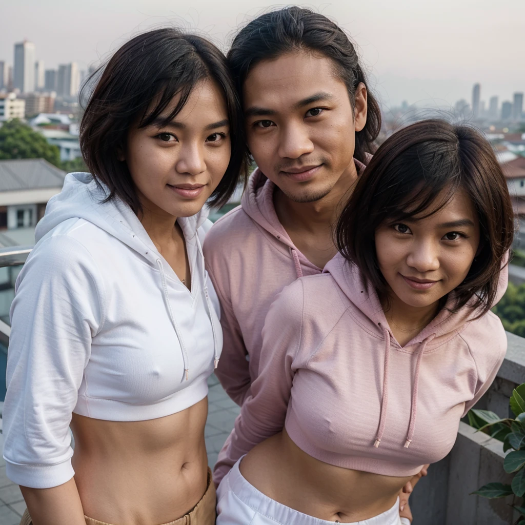 Medium shot of a 35 year old indonesian man, ideal body, oval face, white skin, nature skin, medium hair, wearing a hoodie , side by side with a 30 year old indonesian woman with, pink crop top, they smile facing the camera, eye to camera, eye level angle with City view in the background