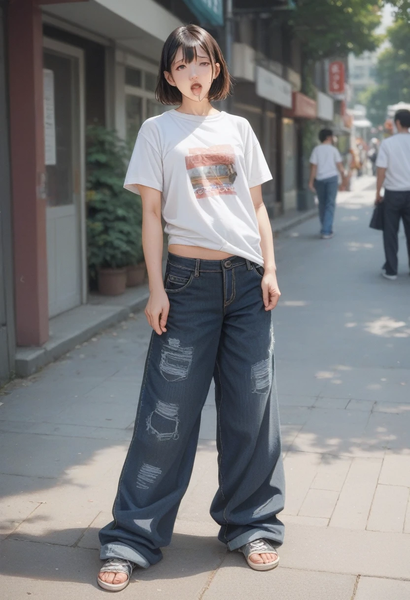 Estrus、I can see the pussy！Sexy pose、、Drooling、Sweat、Ahegao、slender、transformation、Japanese、chest！Real、Realistic、Color photography,arafed woman standing on the side of a street in a white shirt, wearing pants and a t-shirt, black denim pants, baggy pants, jean pants, baggy jeans, blue pants, jeans and t shirt, baggy black pants, large pants, black suit pants, outfit: cop, black pants, matte black pants, full body picture