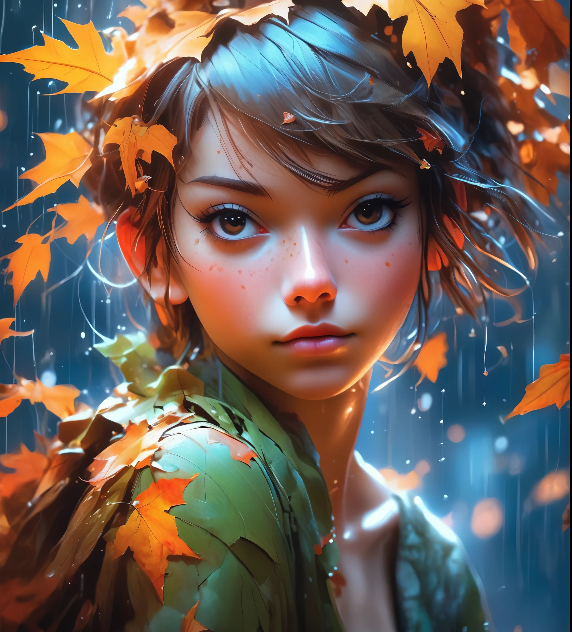 an autumn leaf pixie girl on a leaf in the rain, The agis man and the world of space adventure, photo realism, 8k resolution,, garden, trending on artstation, 4k, intricate details, highly detailed, pencil drawing, sketching, unreal engine, greg rutkowski, loish, rhads, beeple, makoto shinkai and lois van baarle, ilya kuvshinov, rossdraws, tom bagshaw, alphonse mucha, oil painting, heavy strokes, paint dripping, oil painting, heavy strokes, paint dripping