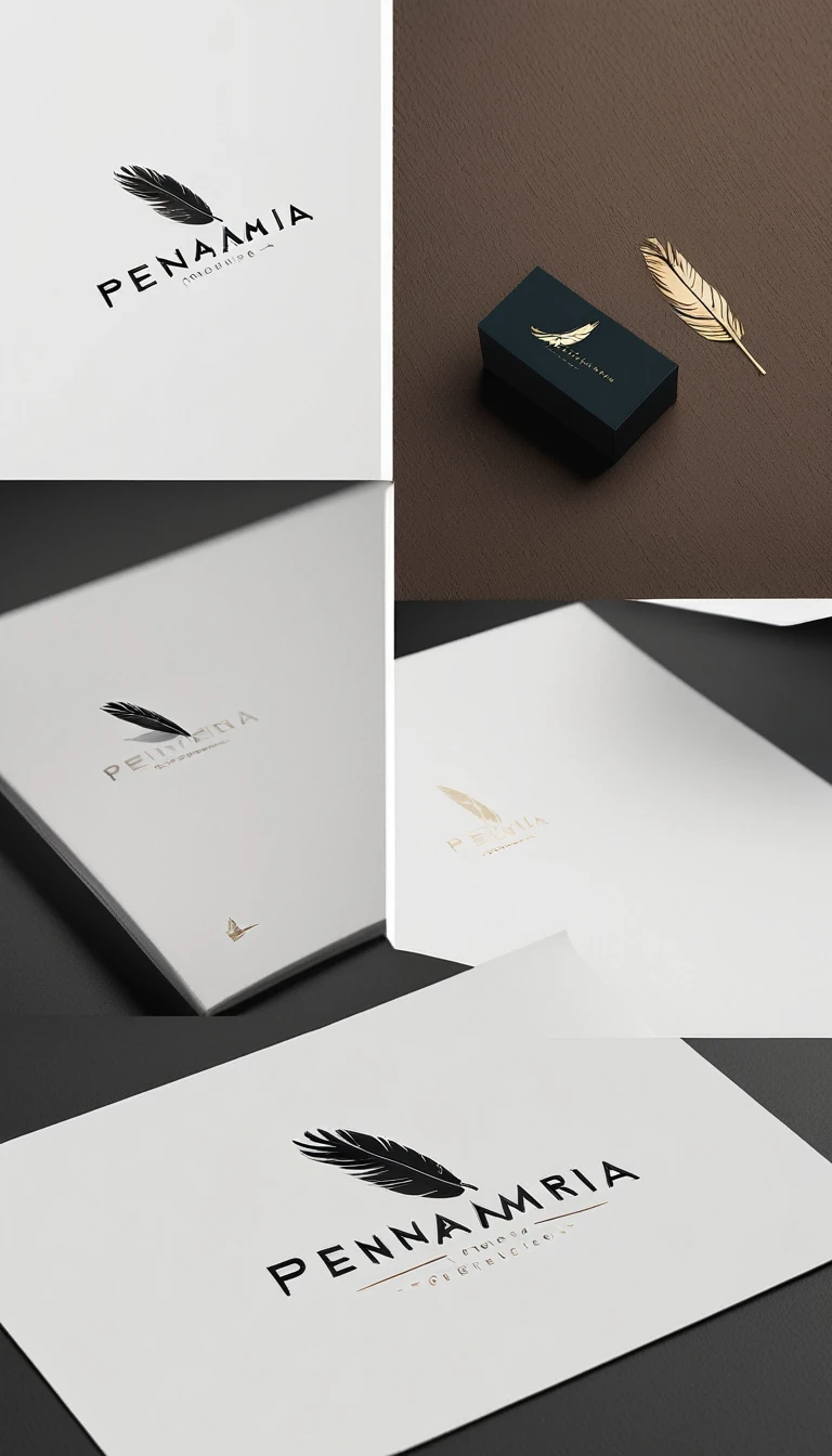 A minimal, modern, simple, cinematic logo design for the brand “Penamemoria". Create a modern, minimalistic, high-quality, logo of a feather-bird