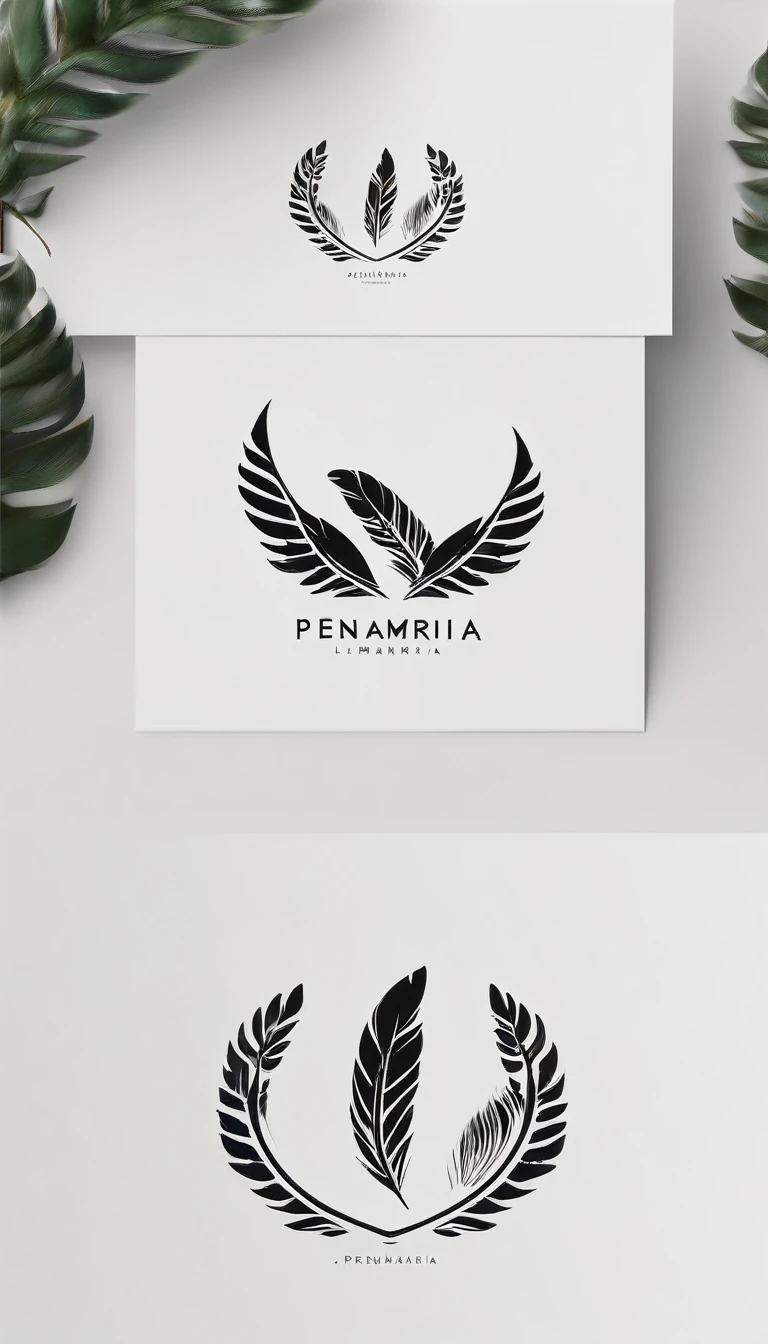 A minimal, modern, simple, cinematic logo design for the brand “Penamemoria". Create a modern, minimalistic, high-quality, logo of a feather-bird